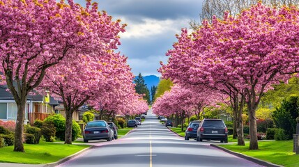 A picturesque street lined with blooming cherry trees, showcasing vibrant pink flowers under a cloudy sky.