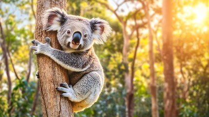 Naklejka premium A playful koala clings to a tree, enjoying the warm sunlight in a lush green forest atmosphere, showcasing beautiful wildlife.
