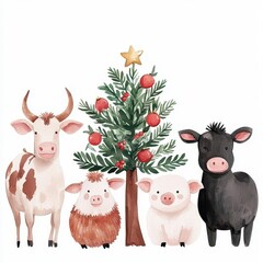 Obraz premium A group of farm animals gathered around a decorated tree, watercolor illustration, isolated on white background