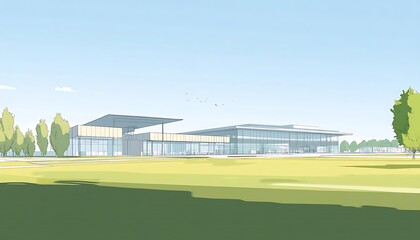 A modern building surrounded by greenery, showcasing contemporary architecture and design.