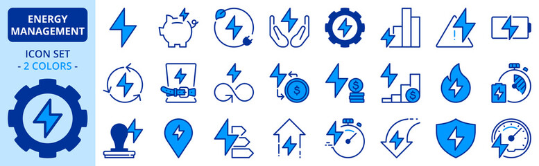 Icons in two colors about energy management. Sustainable development