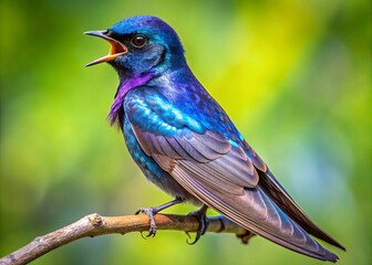 "Feathers of iridescent blues and greens, songs of melodic chirps, perched on twigs, foraging for insects, migrating solo, interacting with fellow martins in urban and natural habitats"