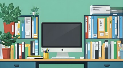 Modern Office Desk with Computer and Colorful Folders