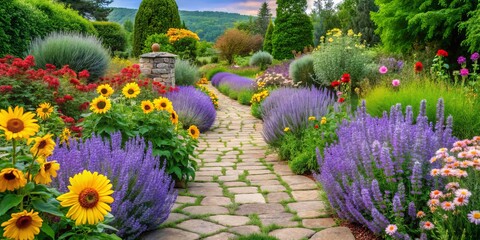Colorful blooms of lavender, roses, and sunflowers swaying gently amidst lush greenery and winding stone pathways in a picturesque garden setting.