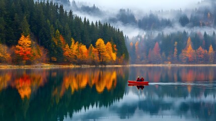 A serene autumn landscape with vibrant foliage reflecting in a calm lake, featuring a lone rowboat...