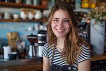 Young beautiful woman in a coffee shop.  AI generative
