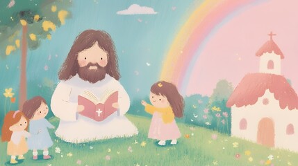 Illustration of Jesus reading to children in a grassy field with flowers, a rainbow, and a church in the background. Children's religious scene for greeting cards, posters, or invitations.