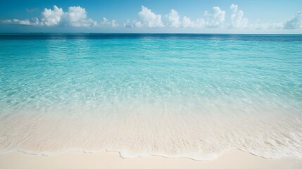Obraz premium A serene beach scene featuring clear turquoise water and soft white sand under a bright blue sky with fluffy clouds.