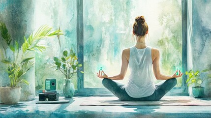 Yoga practice in a serene setting, surrounded by green technology and wearable tech devices, a fusion of mindfulness and innovation, a calming watercolor palette