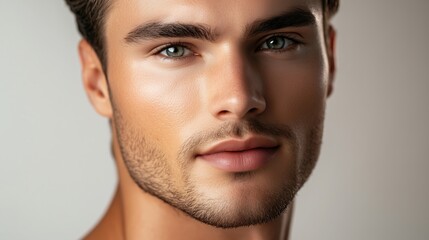 Obraz premium Young man with striking features poses confidently against a neutral background during a professional photoshoot in a studio setting