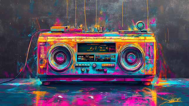 A colorful retro boombox with neon accents, in the style of vibrant street art