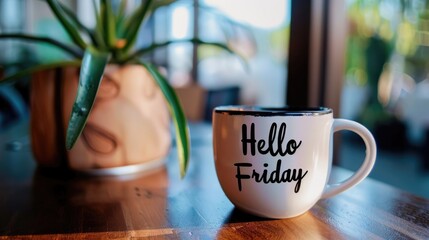 hello friday coffee cup stand on table