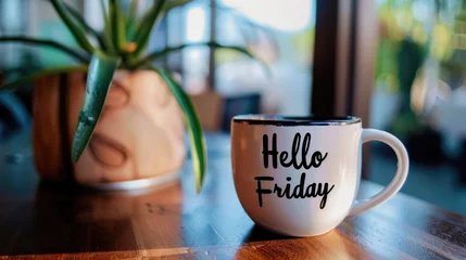 hello friday coffee cup stand on table