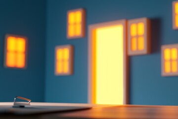 A serene interior scene featuring a door framed by glowing windows, creating a warm and inviting atmosphere.,3d illustration