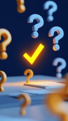 A vibrant illustration of a yellow check mark surrounded by floating question marks, symbolizing clarity and uncertainty.