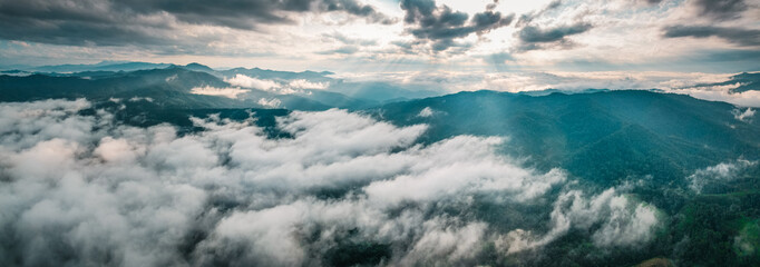Obraz premium Aerial view of fog and morning sky from drone