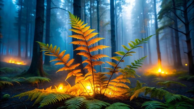 "Rare, bioluminescent foxfire plant with delicate, fern-like leaves and glowing, orange-yellow stems, growing in a foggy, misty forest clearing at dusk."