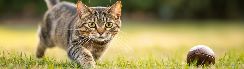 Obraz premium A playful cat running across a vibrant green field, focused on a brown ball, showcasing its agility and curious nature.