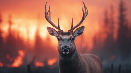 Animals fleeing from a massive wildfire consuming a forest, environmental wildfire impact