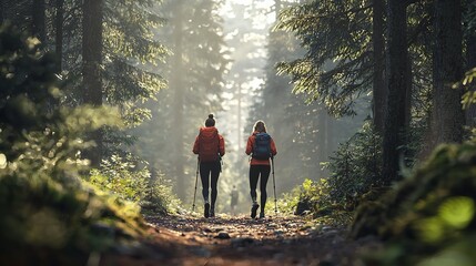 Obraz premium Two individuals hiking along a forest trail, surrounded by tall trees and dense foliage.