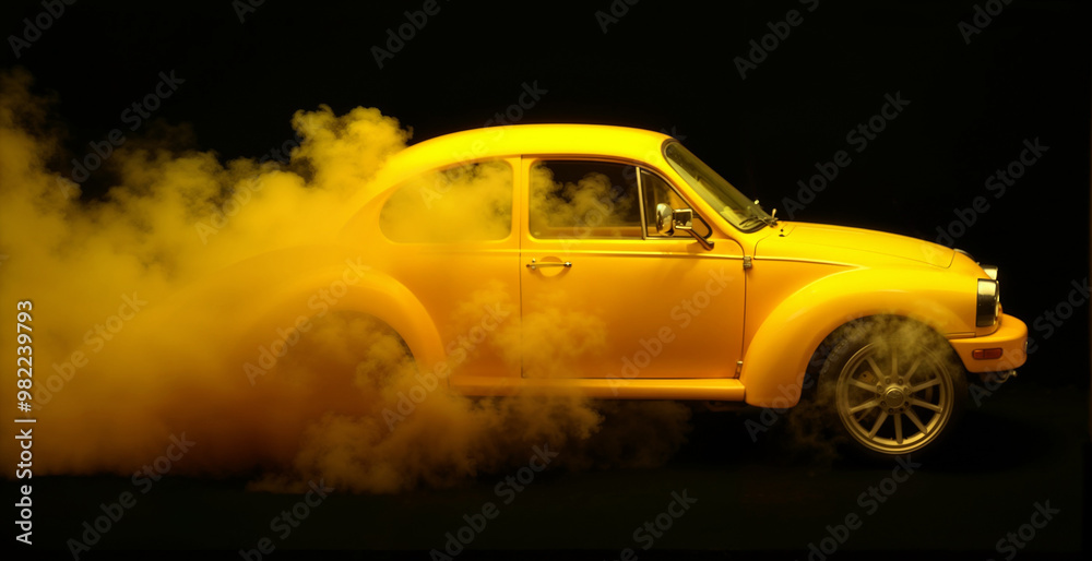 Wall mural Yellow car with yellow smoke on a bright black background