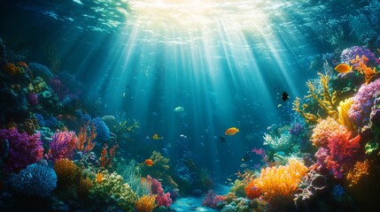 Fototapeta premium Sunbeams Illuminate Vibrant Coral Reef and Tropical Fish