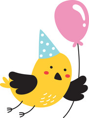 Handdrawn Birthday Party Bird With Balloon