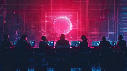 A group of individuals working at computer stations in a high-tech environment.