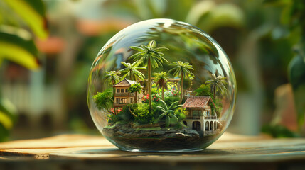 A miniature model of an island village inside the glass ball, with houses and palm trees. 