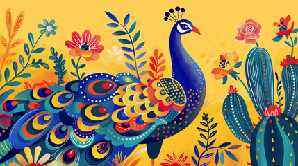 Obraz premium A peacock in the style of naive art with simple colors, cacti, flowers on a yellow background