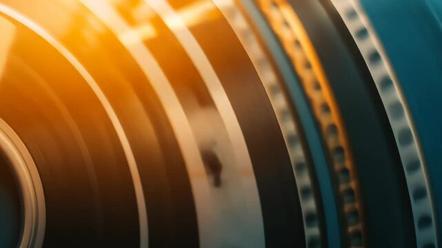 A close-up of a rotating film reel reveals intricate details and textures, enhanced by warm golden light. Soft bokeh blurs the background, emphasizing its vintage charm and cinematic feel.