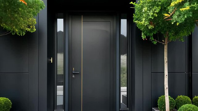 A sleek black front door with gold trim welcomes visitors, flanked by manicured trees in decorative pots. modern facade and landscaped area create a stylish, inviting entrance.