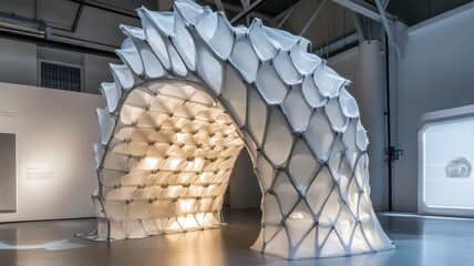 Obraz premium The image depicts a modern architectural structure resembling an organic arch, showcasing intricate, sculptural design made from lightweight materials.