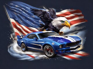 Dark blue drag racing car with sleek white stripes, blasting down a racetrack with eagles flying overhead and a flag marking the finish line, ideal for t-shirts.