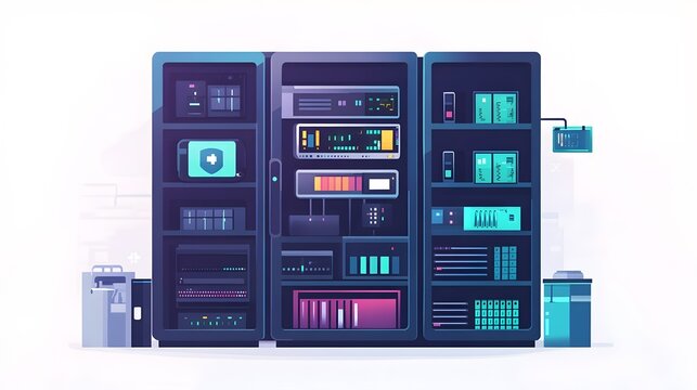 Secure Server Rack with Colorful Lights and Data