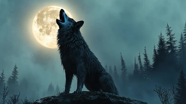 This wolf stands on a rock, howling at the bright full moon in a foggy forest environment.
