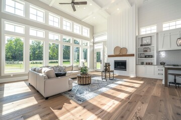 Big bright luxury modern farmhouse open concept great room with high ceiling, fireplace and white oak wood floors in an upscale home interior design.