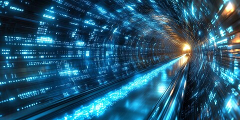 Abstract futuristic tunnel with blue digital code and glowing light at the end.