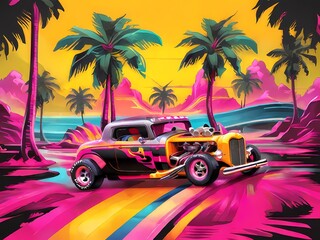 Classic hot rod with neon pink and yellow stripes, surrounded by racing trees and palm trees, with a checkered flag waving behind, designed for t-shirts.