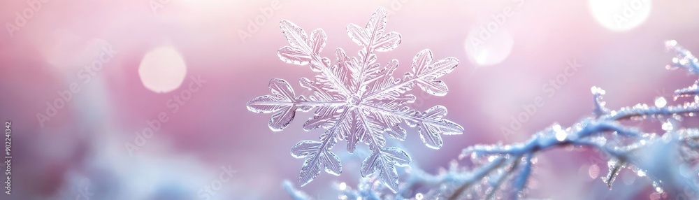 Poster a delicate snowflake captured in stunning detail, showcasing intricate patterns against a soft, drea