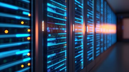 Server Room with Blue Lights - Data Center Technology