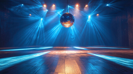 A stunning dance floor illuminated by vibrant blue spotlights and a shimmering mirror ball, creating an electrifying atmosphere for nightlife and dance events.