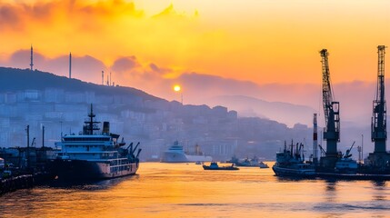 Fototapeta premium A serene sunset over a busy harbor, with ships and cranes silhouetted against a vibrant sky. Perfect for travel and industry themes.