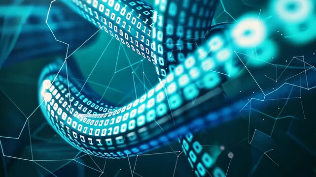 A mesmerizing abstract of digital data transmission, featuring glowing binary code in a flowing pattern. Vibrant blue tones evoke advanced technology and innovation.