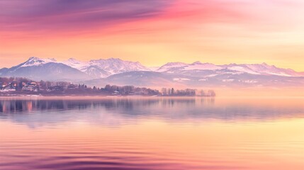 Fototapeta premium A serene sunset over tranquil water, reflecting soft pink and purple hues with gentle mountains in the background.
