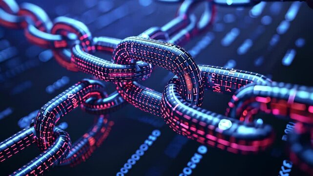 A close-up of glossy metallic chains illuminated by blue and red neon lights symbolizes strength and security, set against abstract binary code patterns.