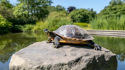 Obraz premium A serene turtle basking on a sunlit rock beside a tranquil pond, surrounded by lush greenery and vibrant nature.