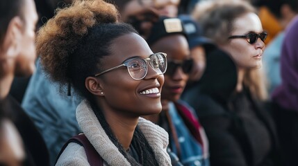 young african american woman in eyeglasses smiling at the demonstration together outdoors in the city.