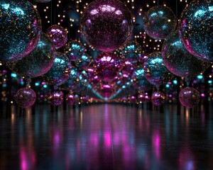 Obraz premium Colorful, glittering Christmas decorations set against a backdrop of glowing bokeh lights, creating a joyful and festive atmosphere.