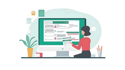 Woman Working on Computer, Data Analysis, Business Illustration